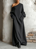 Robe longue noire style sweat à une épaule dénudée