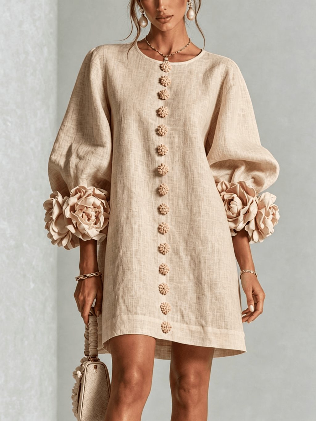 Minirobe à imprimé floral et boutons, avec poignets à motifs floraux saisissants.