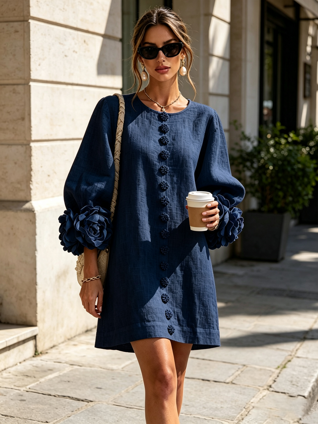 Robe courte bleu marine avec boutons floraux et poignets originaux