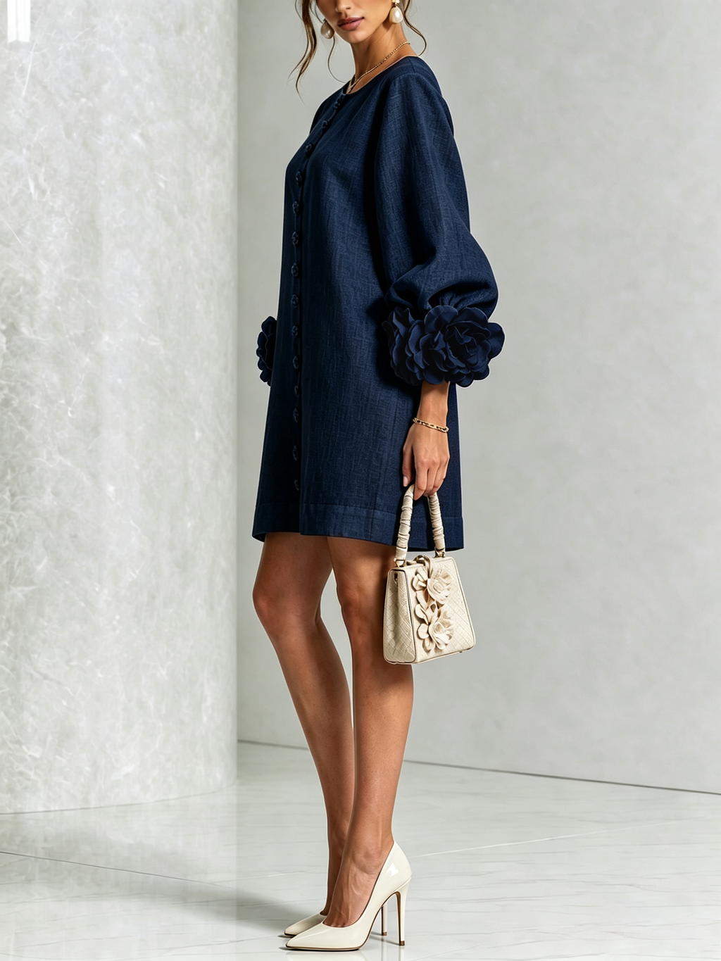 Robe courte bleu marine avec boutons floraux et poignets originaux