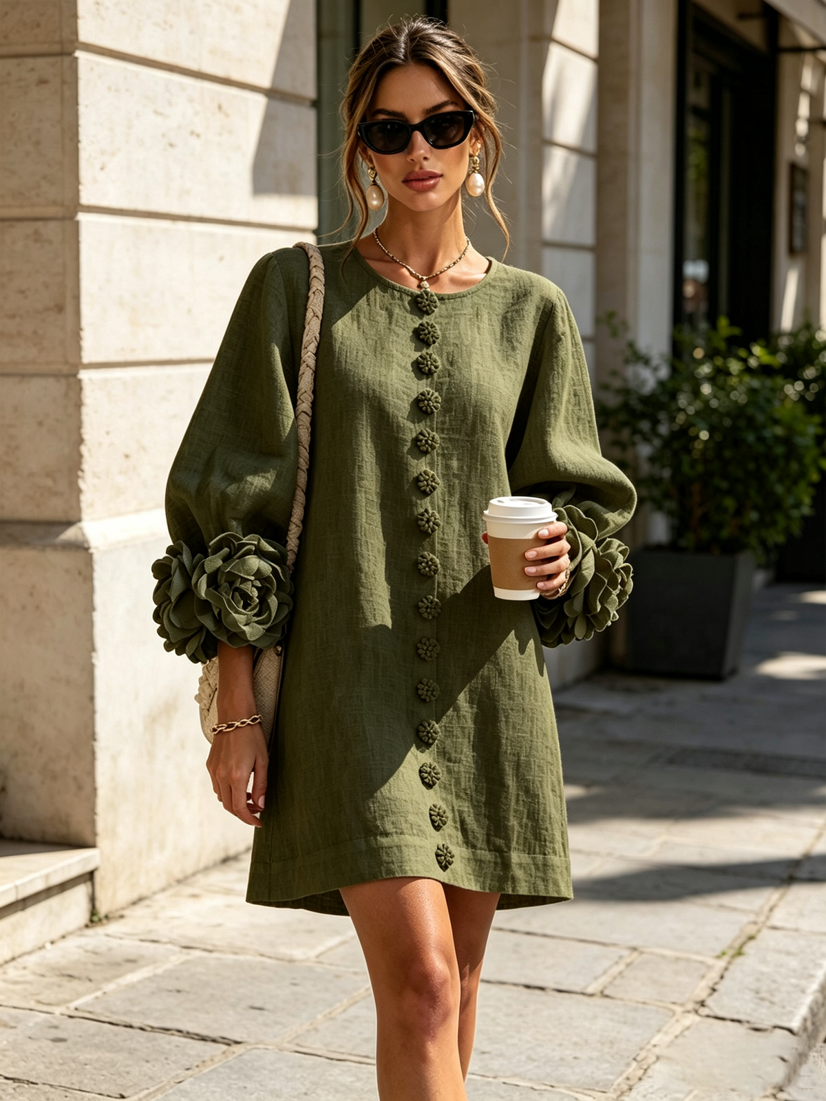 Robe courte vert olive avec boutons floraux et poignets originaux