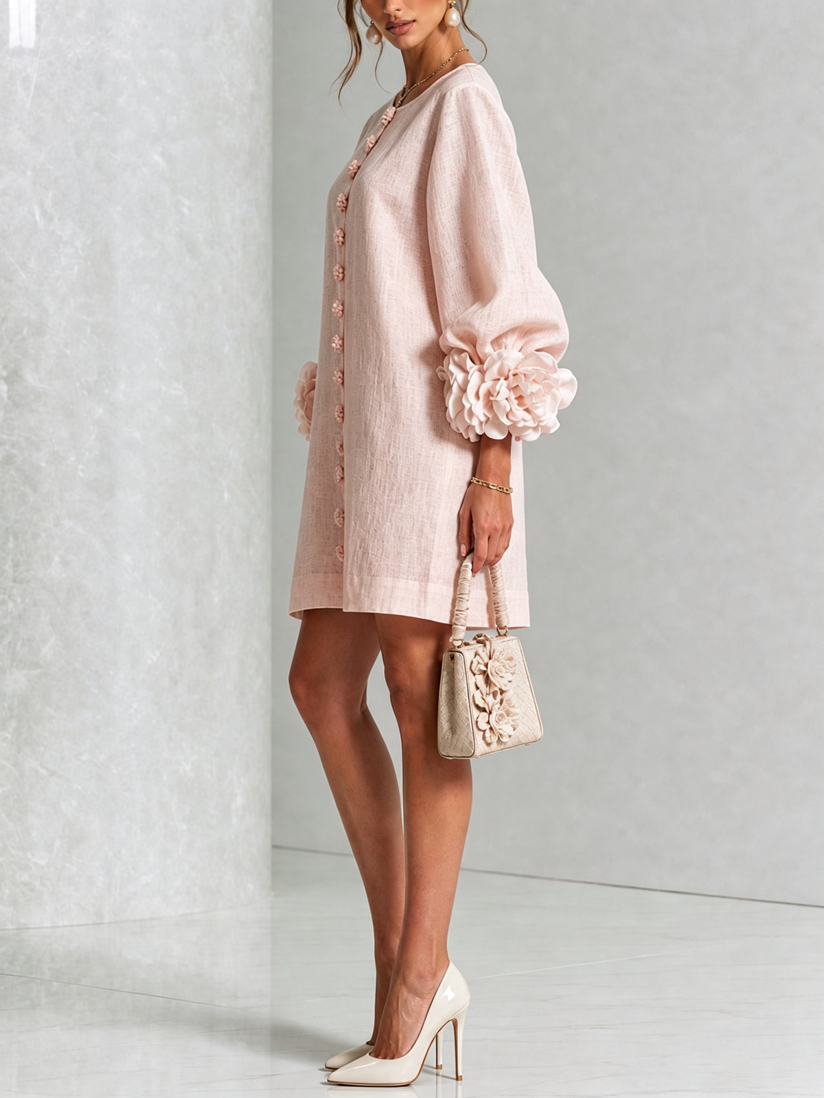 Robe courte rose avec boutons floraux et poignets voyants
