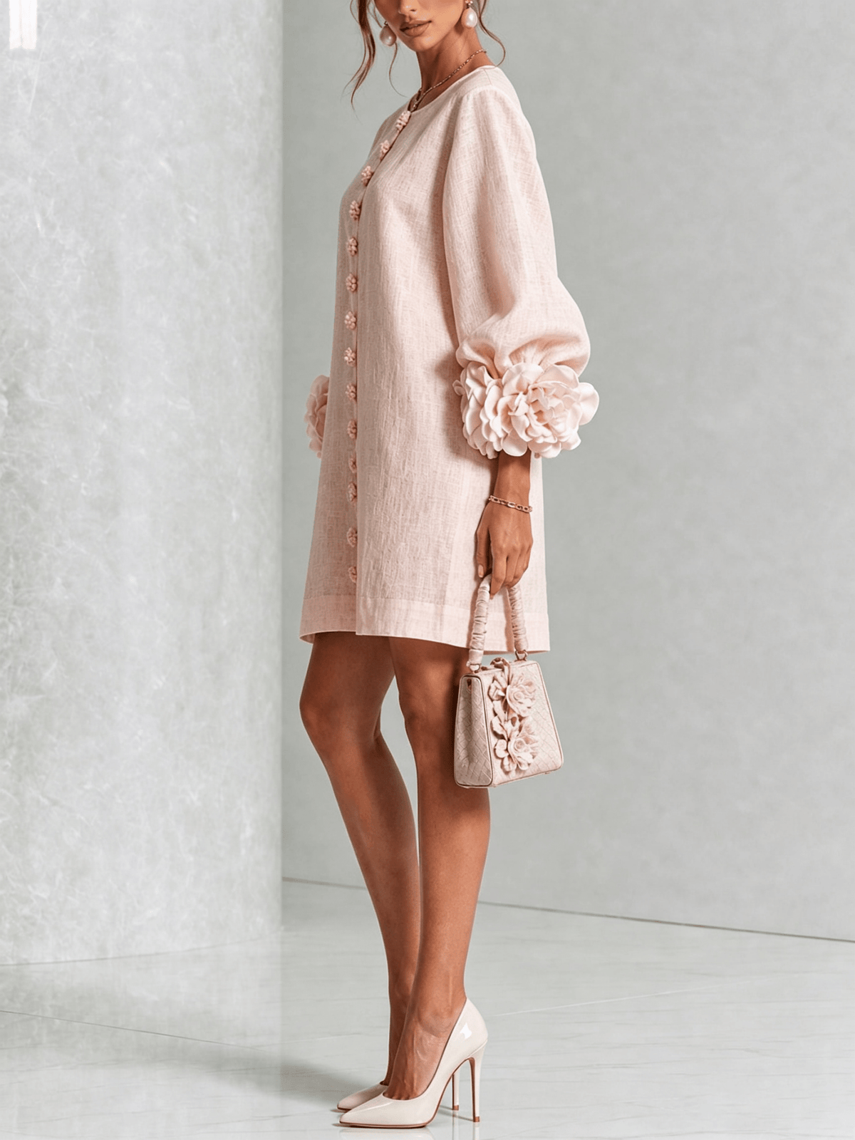 Minirobe à imprimé floral et boutons, avec poignets à motifs floraux saisissants.