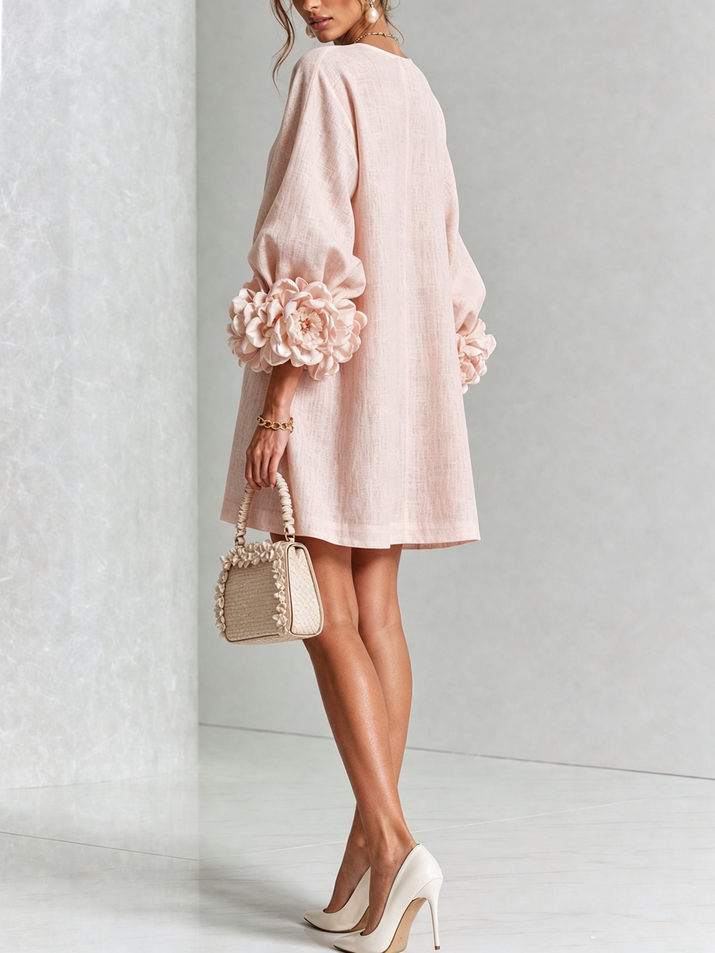 Robe courte rose avec boutons floraux et poignets voyants