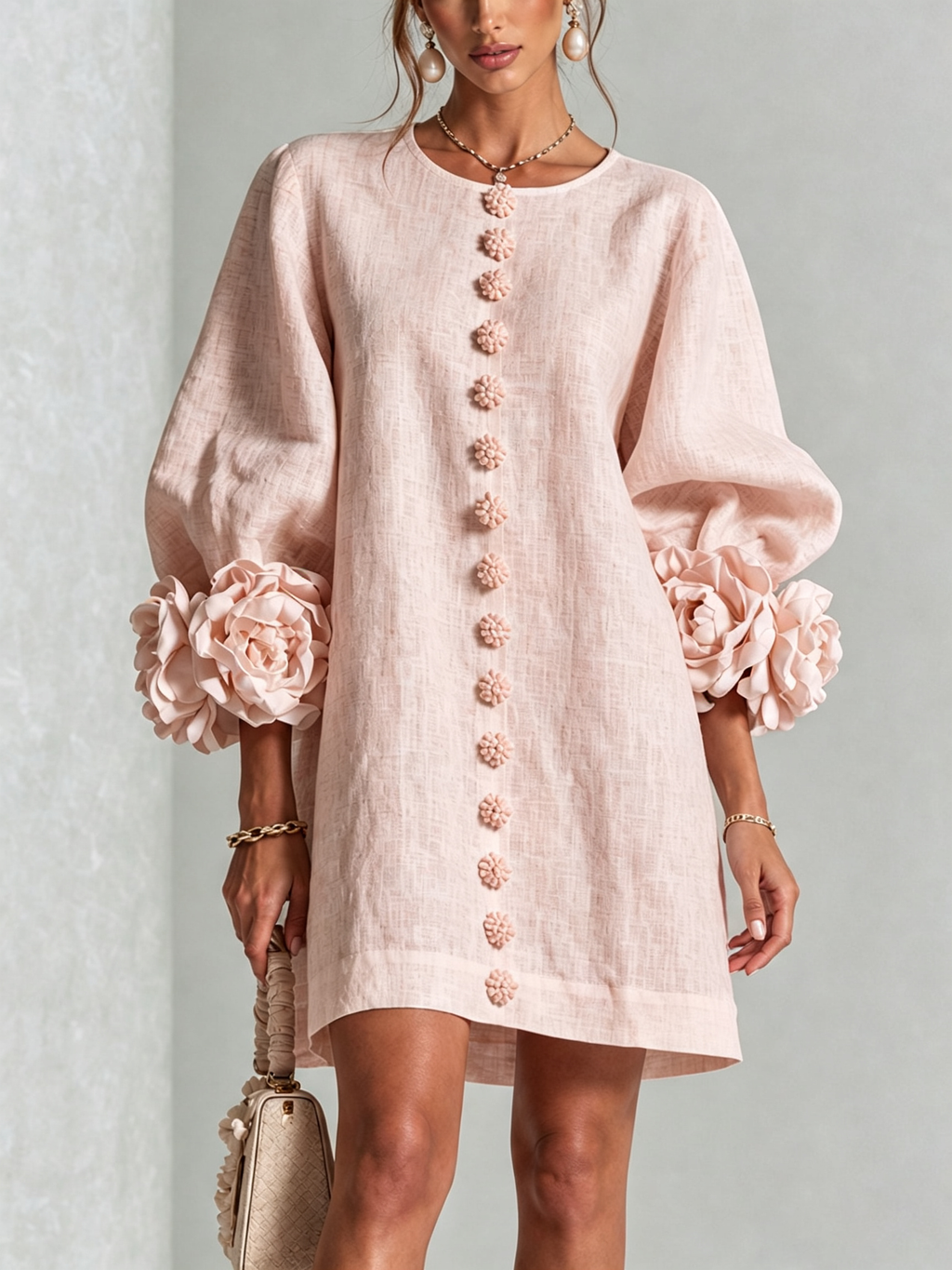 Robe courte rose avec boutons floraux et poignets voyants