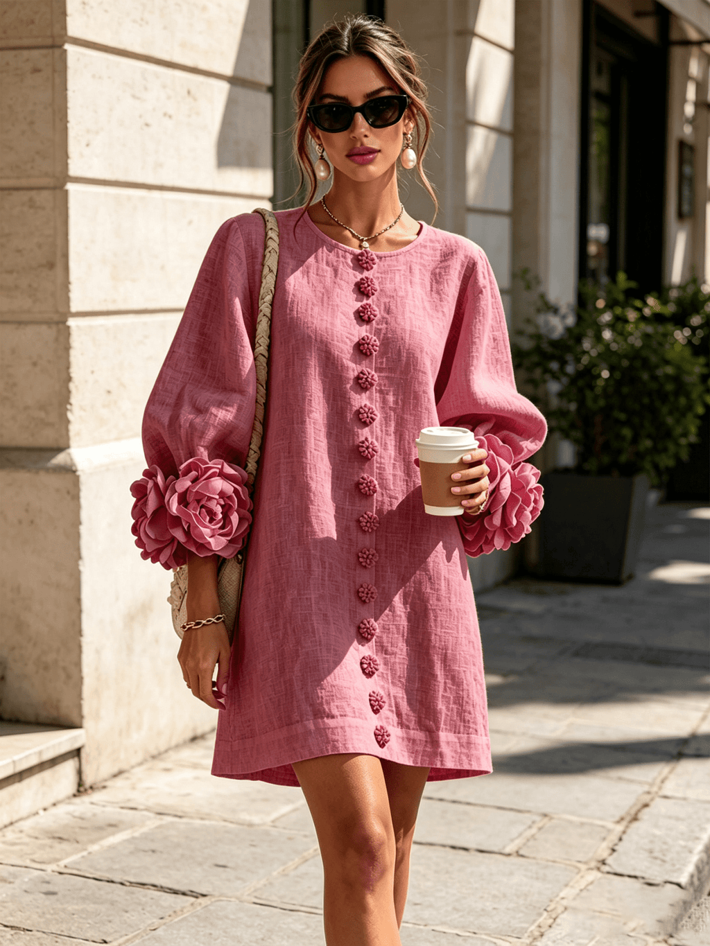 Minirobe à imprimé floral et boutons, avec poignets à motifs floraux saisissants.