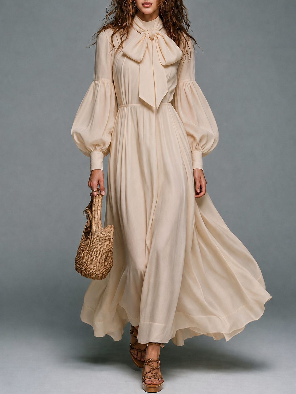 Robe longue beige à manches longues avec taille élastique et lien amovible
