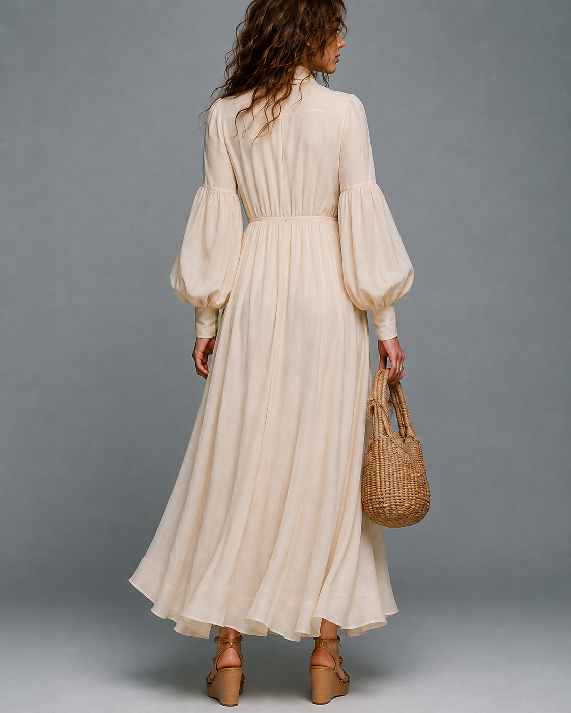 Robe longue beige à manches longues avec taille élastique et lien amovible