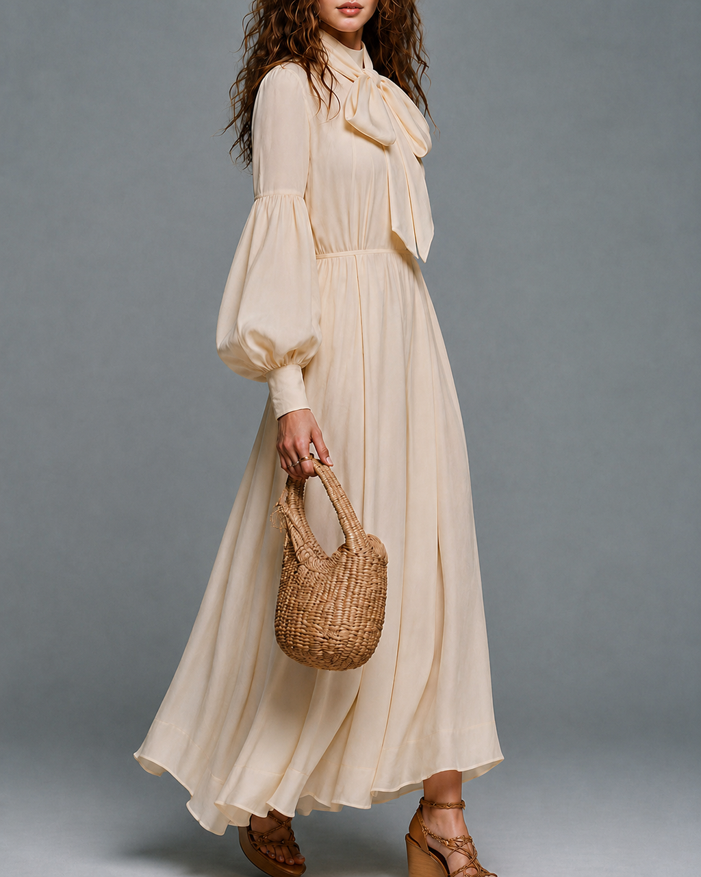 Robe longue beige à manches longues avec taille élastique et lien amovible