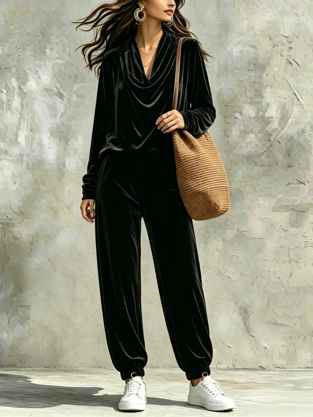 Ensemble noir composé d'un haut en velours à col bénitier et d'un pantalon jogger
