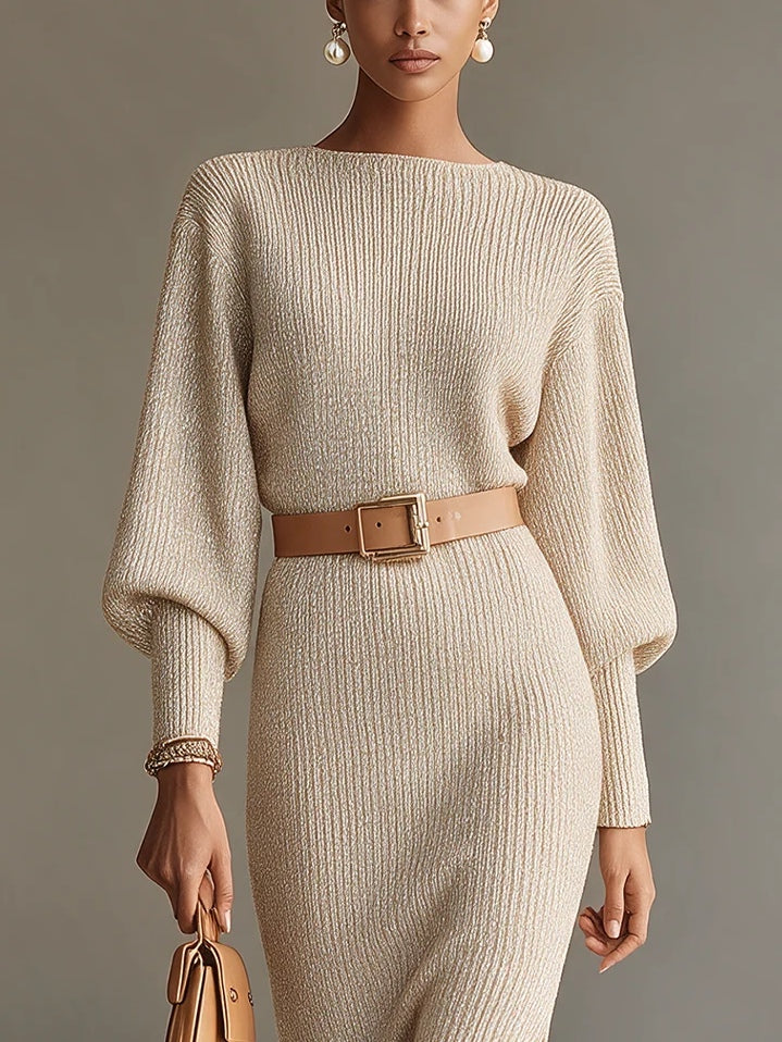 Robe midi couleur avoine à encolure bateau, manches bouffantes et ceinture