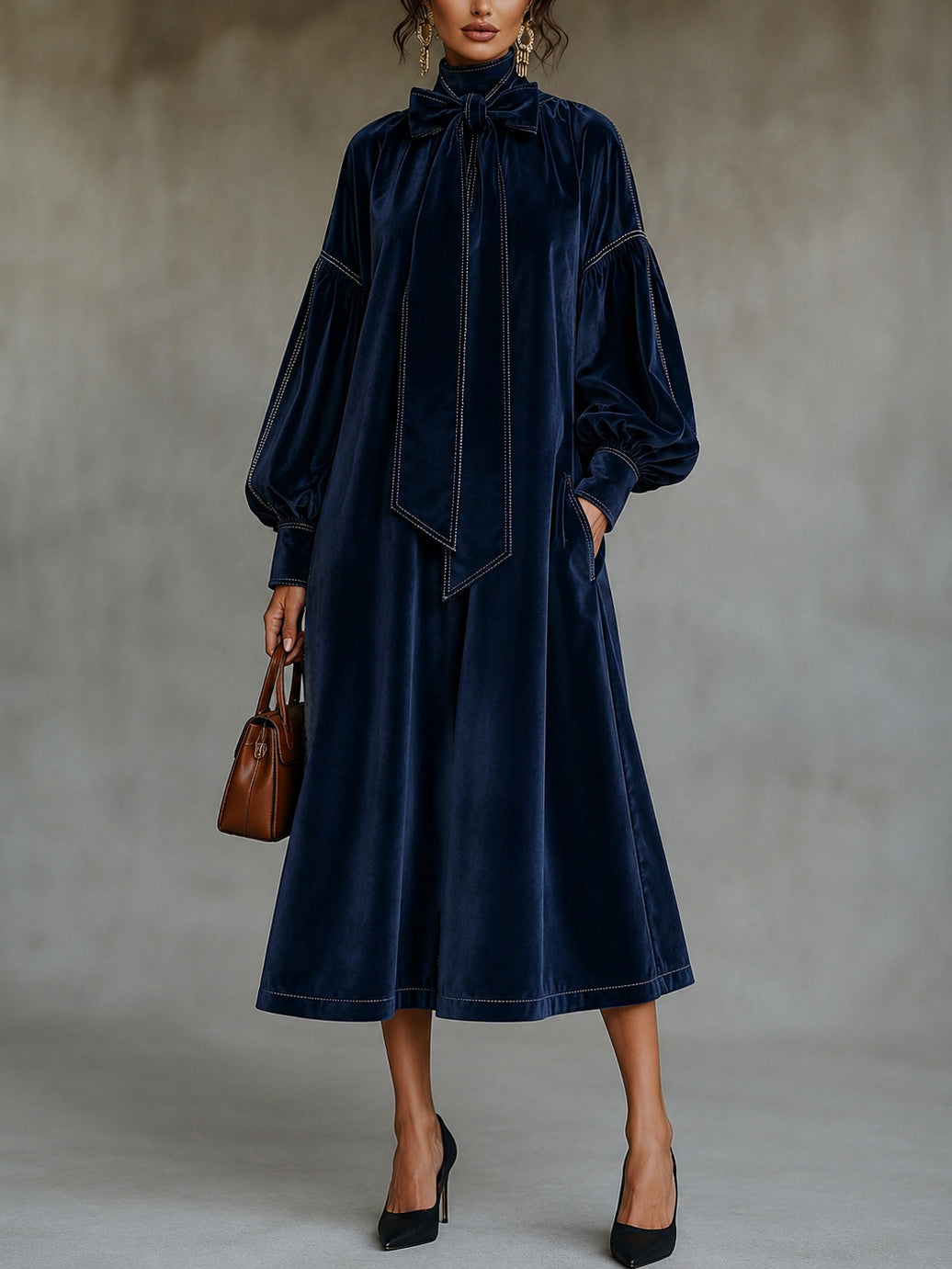 Robe midi en velours bleu marine avec nœud et manches bouffantes