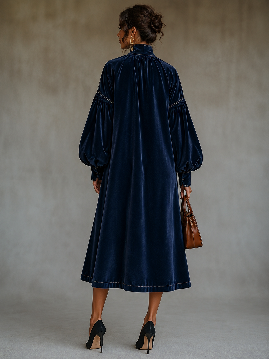 Robe midi en velours bleu marine avec nœud et manches bouffantes