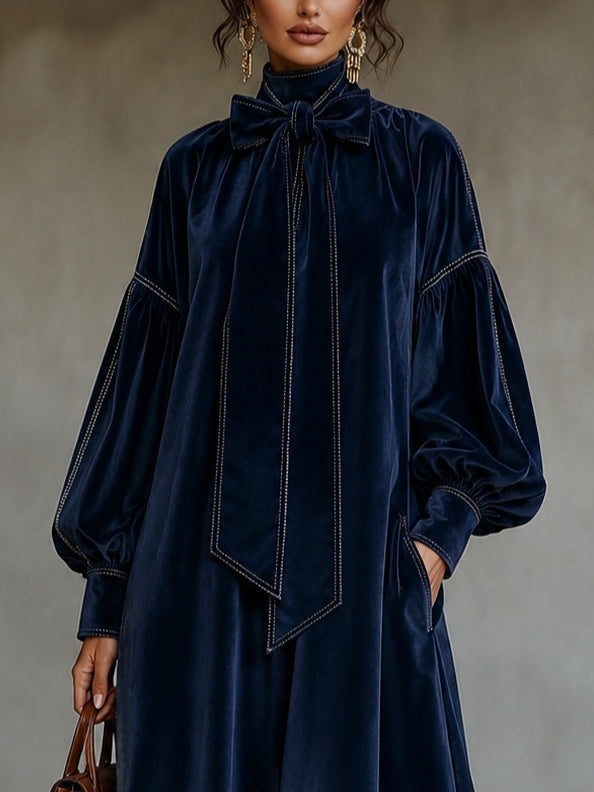 Robe midi en velours bleu marine avec nœud et manches bouffantes