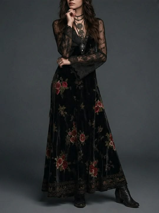 Robe longue en velours noir à imprimé floral et manches en dentelle