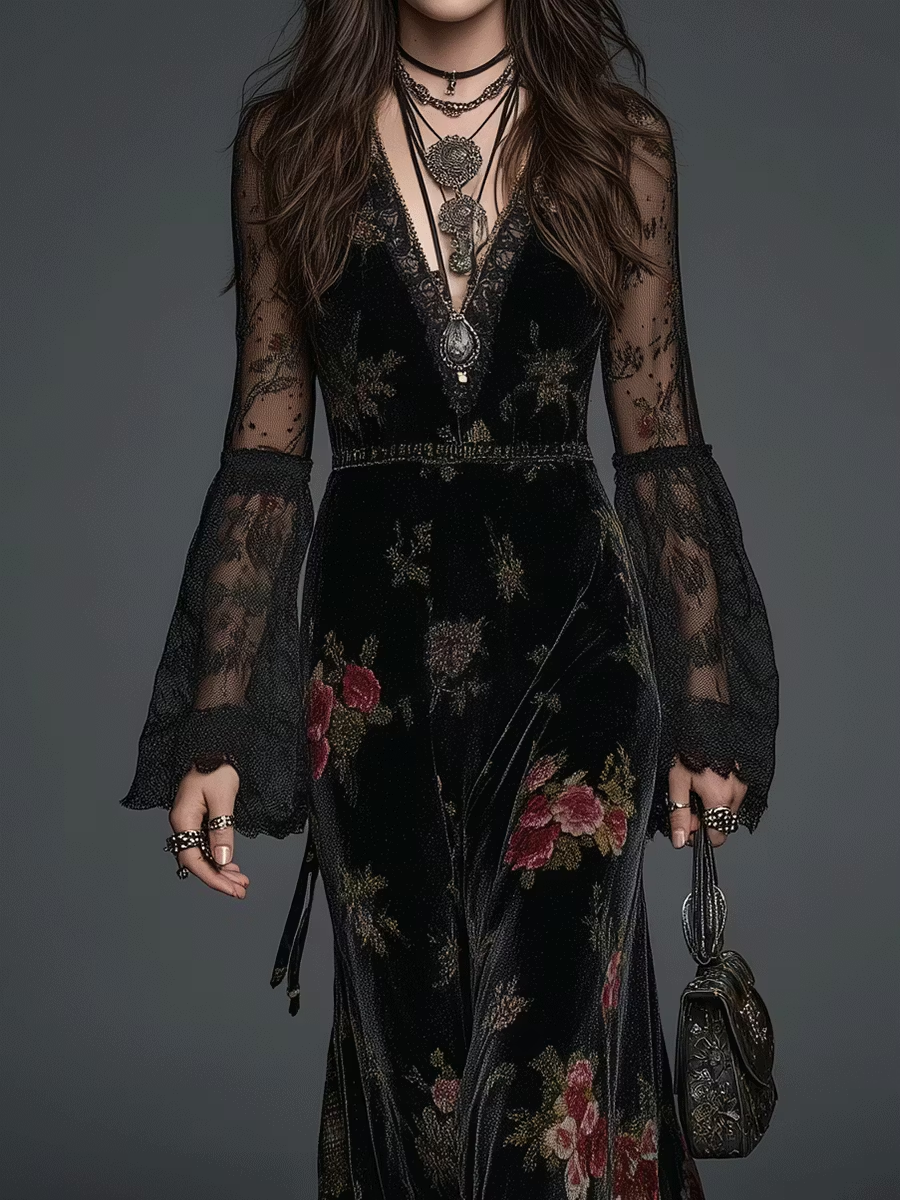 Robe longue en velours noir à imprimé floral et manches en dentelle