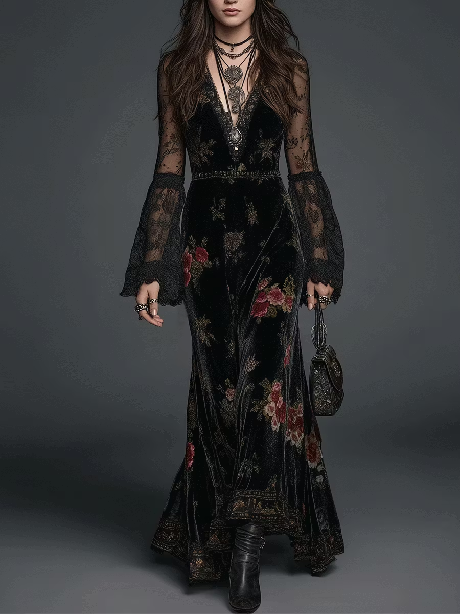 Robe longue en velours noir à imprimé floral et manches en dentelle