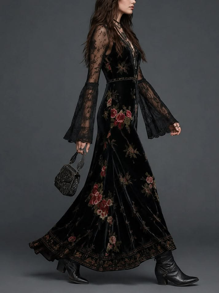 Robe longue en velours noir à imprimé floral et manches en dentelle