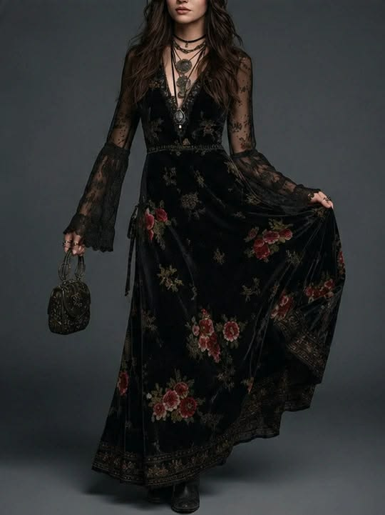 Robe longue en velours noir à imprimé floral et manches en dentelle