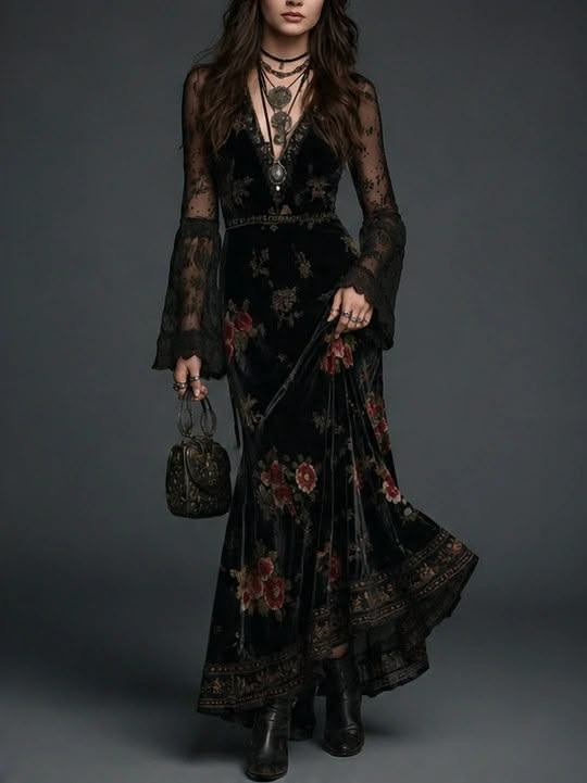 Robe longue en velours noir à imprimé floral et manches en dentelle