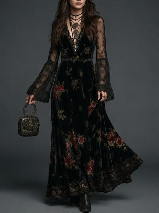 Robe longue en velours noir à imprimé floral et manches en dentelle