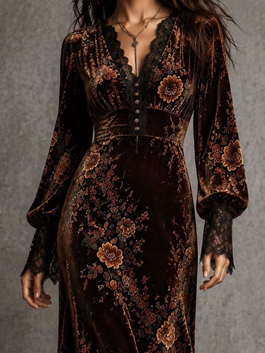 Robe longue en velours à imprimé floral, dentelle et décolleté en V marron