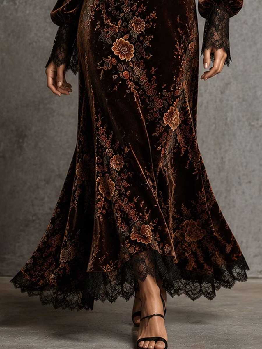 Robe longue en velours à imprimé floral, dentelle et décolleté en V marron