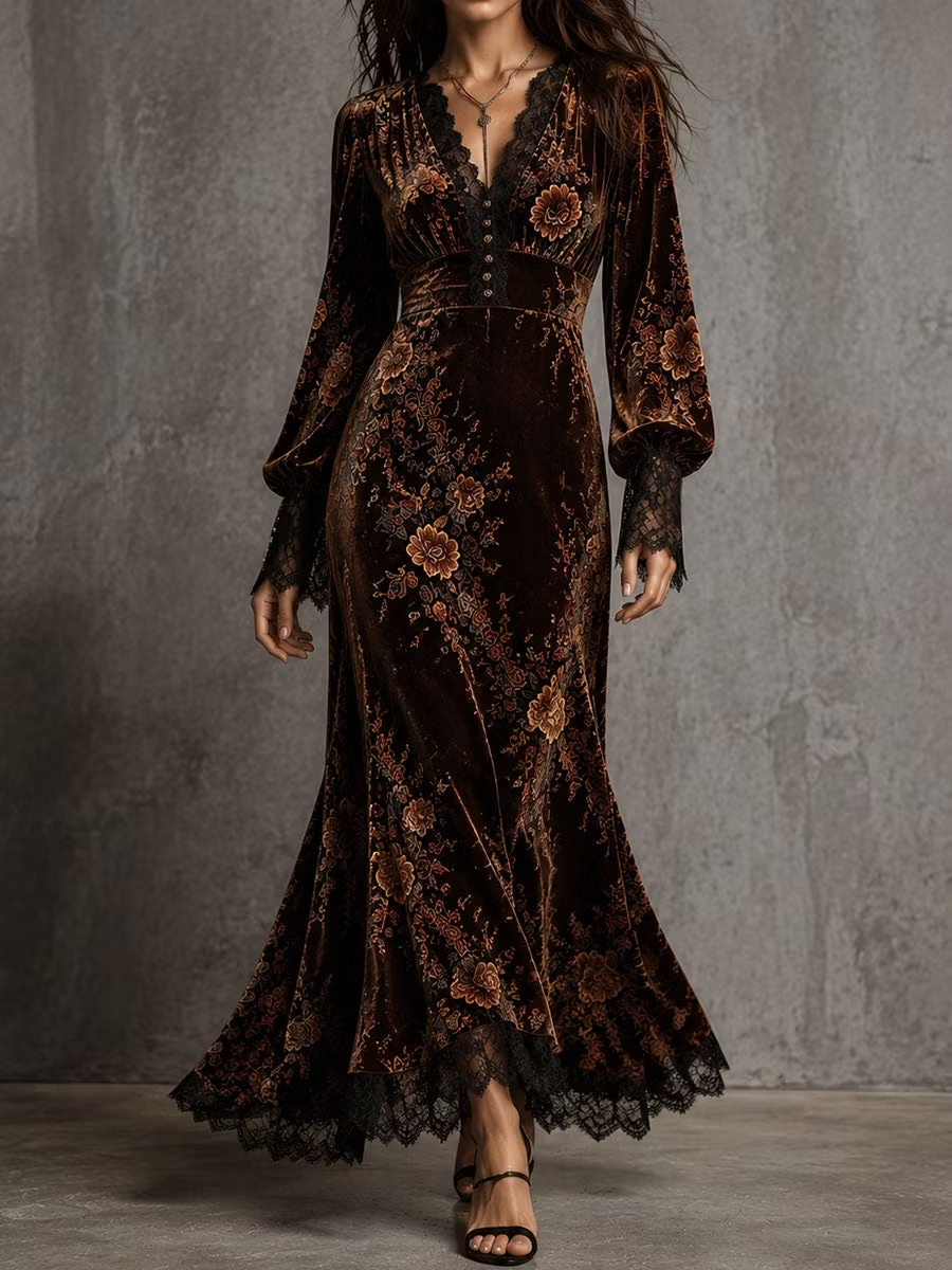 Robe longue en velours à imprimé floral, dentelle et décolleté en V marron