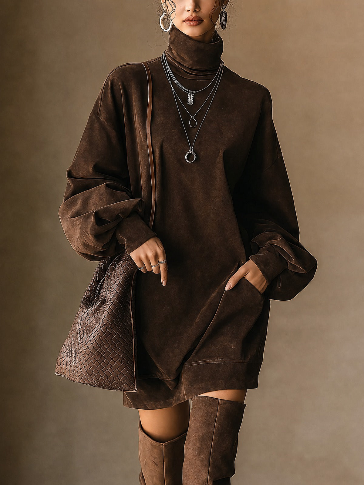 Robe courte en daim synthétique à col montant et manches ballon marron