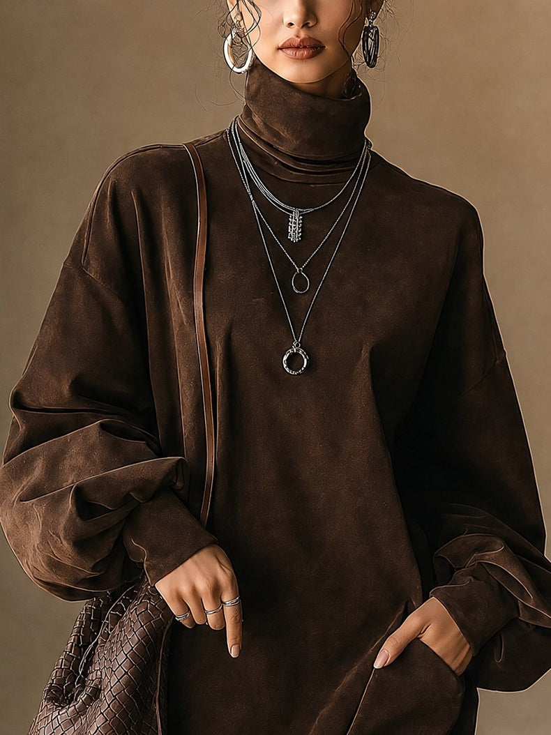 Robe courte en daim synthétique à col montant et manches ballon marron