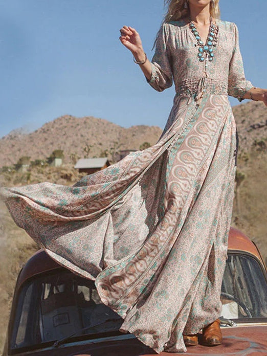 Robe longue bohème à imprimé avec fente, style western