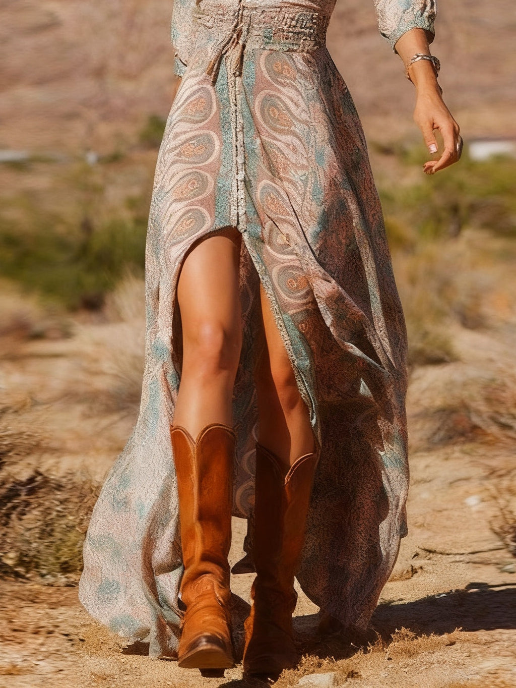 Robe longue bohème à imprimé avec fente, style western