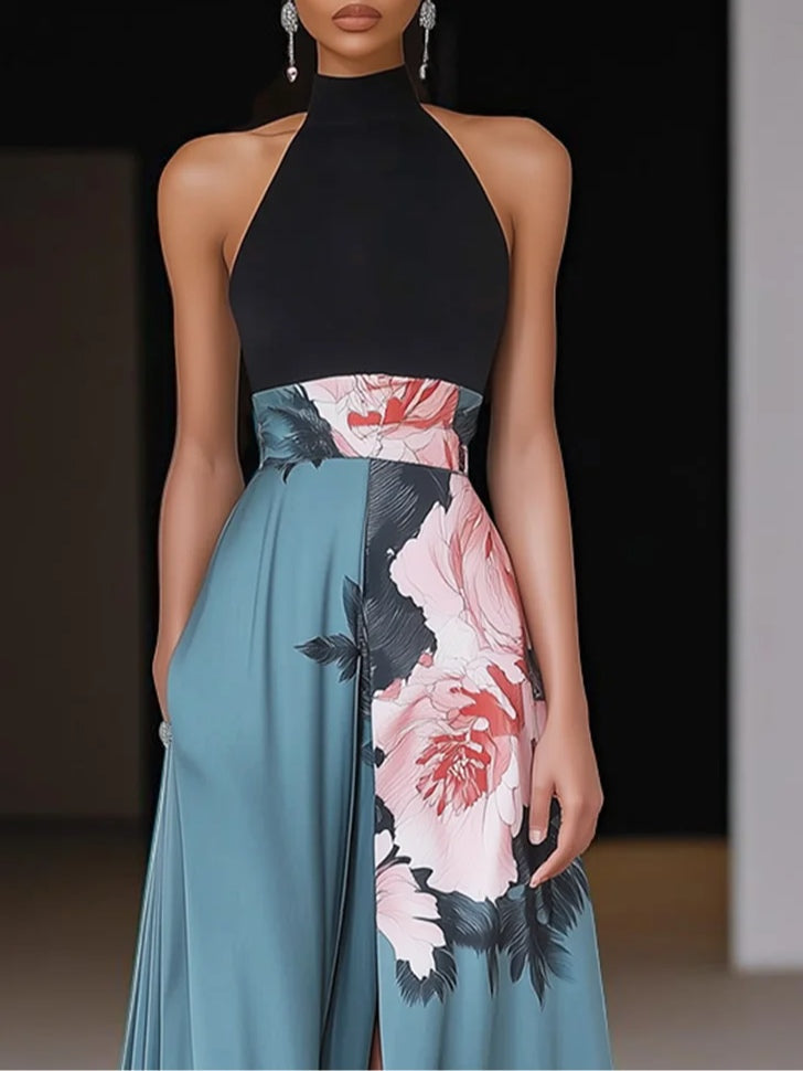 Robe longue noire à fleurs avec fente, coupe trapèze et col rond