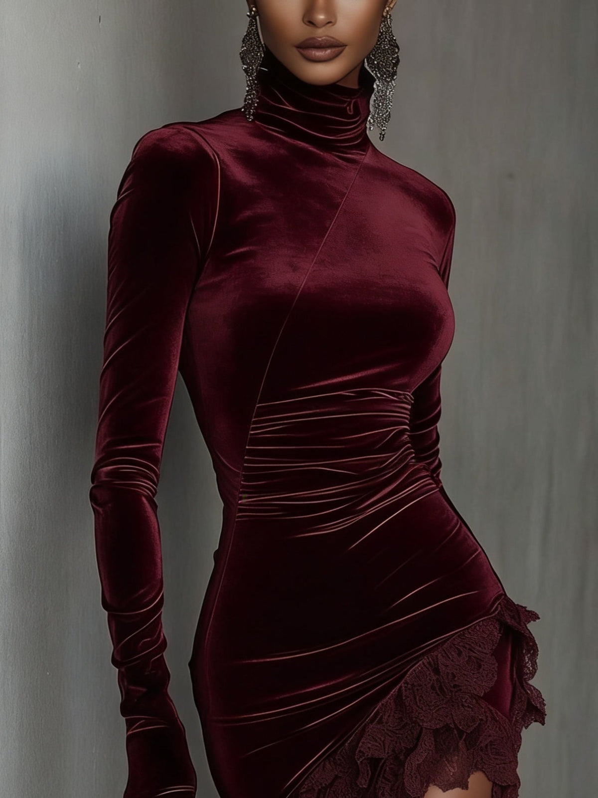 Robe courte en velours bordeaux à col montant et bas en dentelle