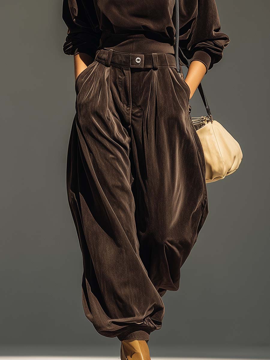 Ensemble sweat-shirt et pantalon en velours marron vintage (ceinture incluse)
