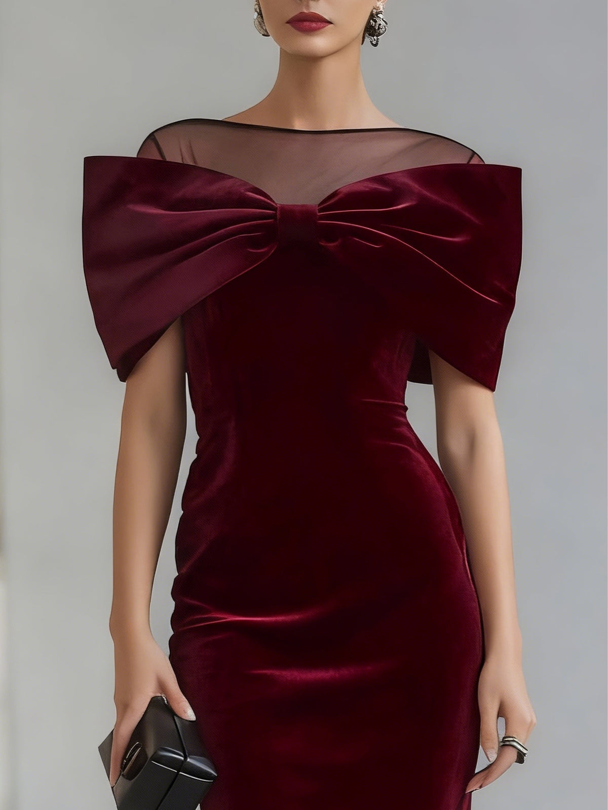 Robe midi en velours bordeaux avec nœud spectaculaire