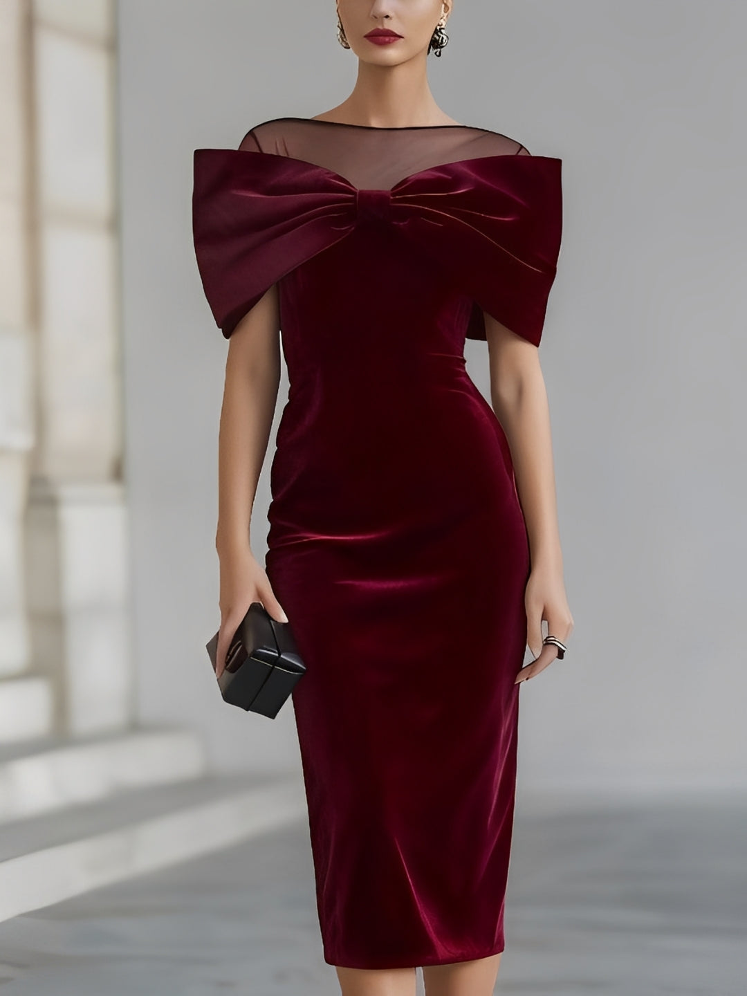 Robe midi en velours bordeaux avec nœud spectaculaire