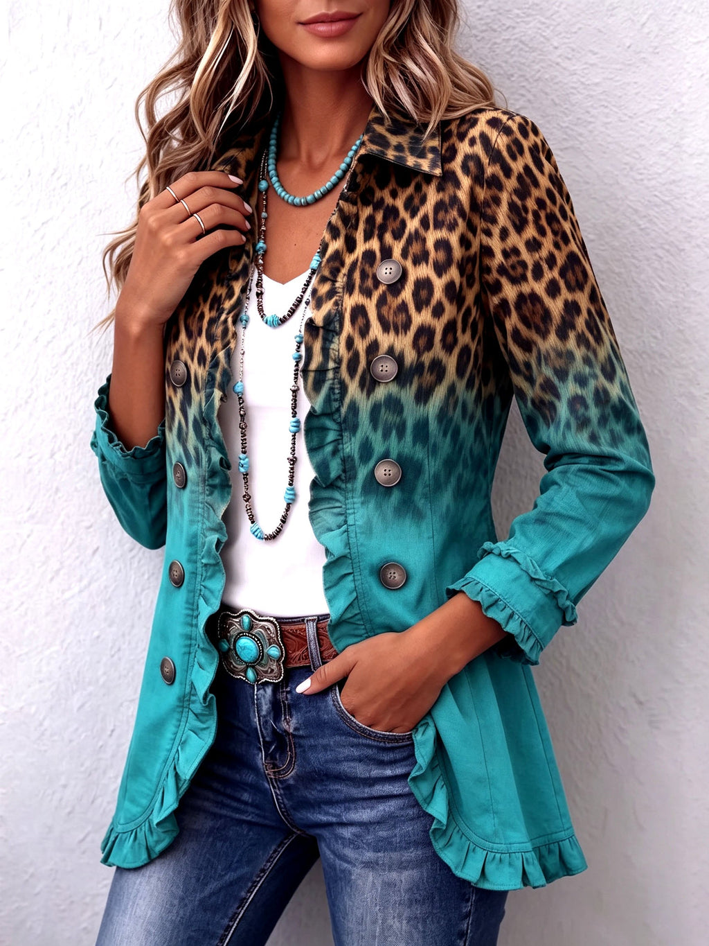 Veste blazer à imprimé léopard dégradé et volants