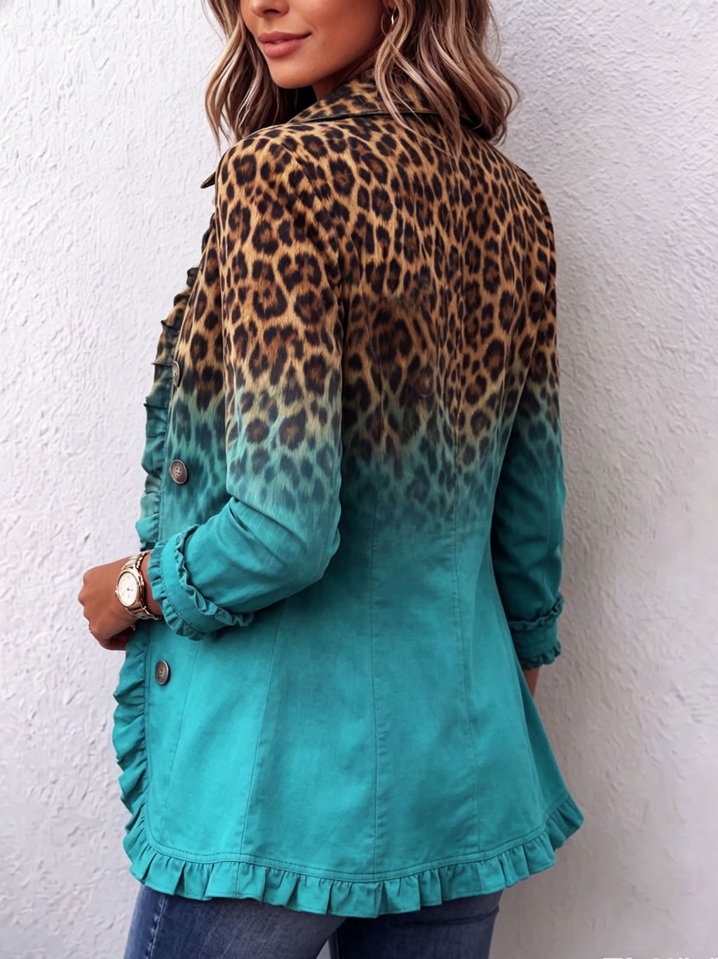 Veste blazer à imprimé léopard dégradé et volants