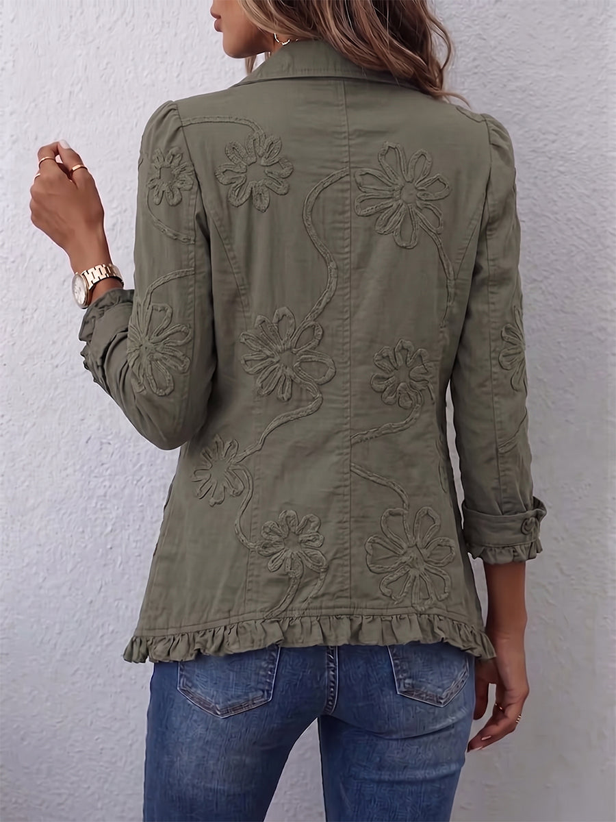 Eloria - Chaqueta con bordados florales, cierre frontal de botones y bajo con volantes