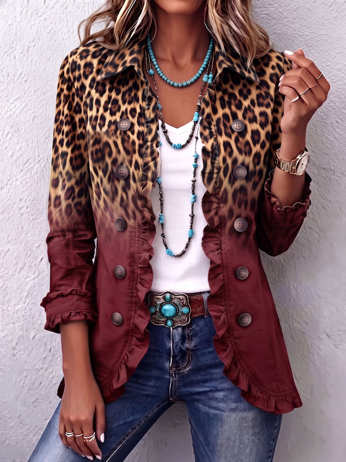 Chaqueta blazer con estampado de leopardo degradado y volantes