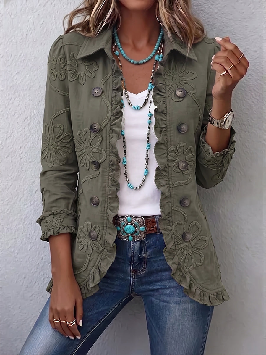 Eloria - Chaqueta con bordados florales, cierre frontal de botones y bajo con volantes