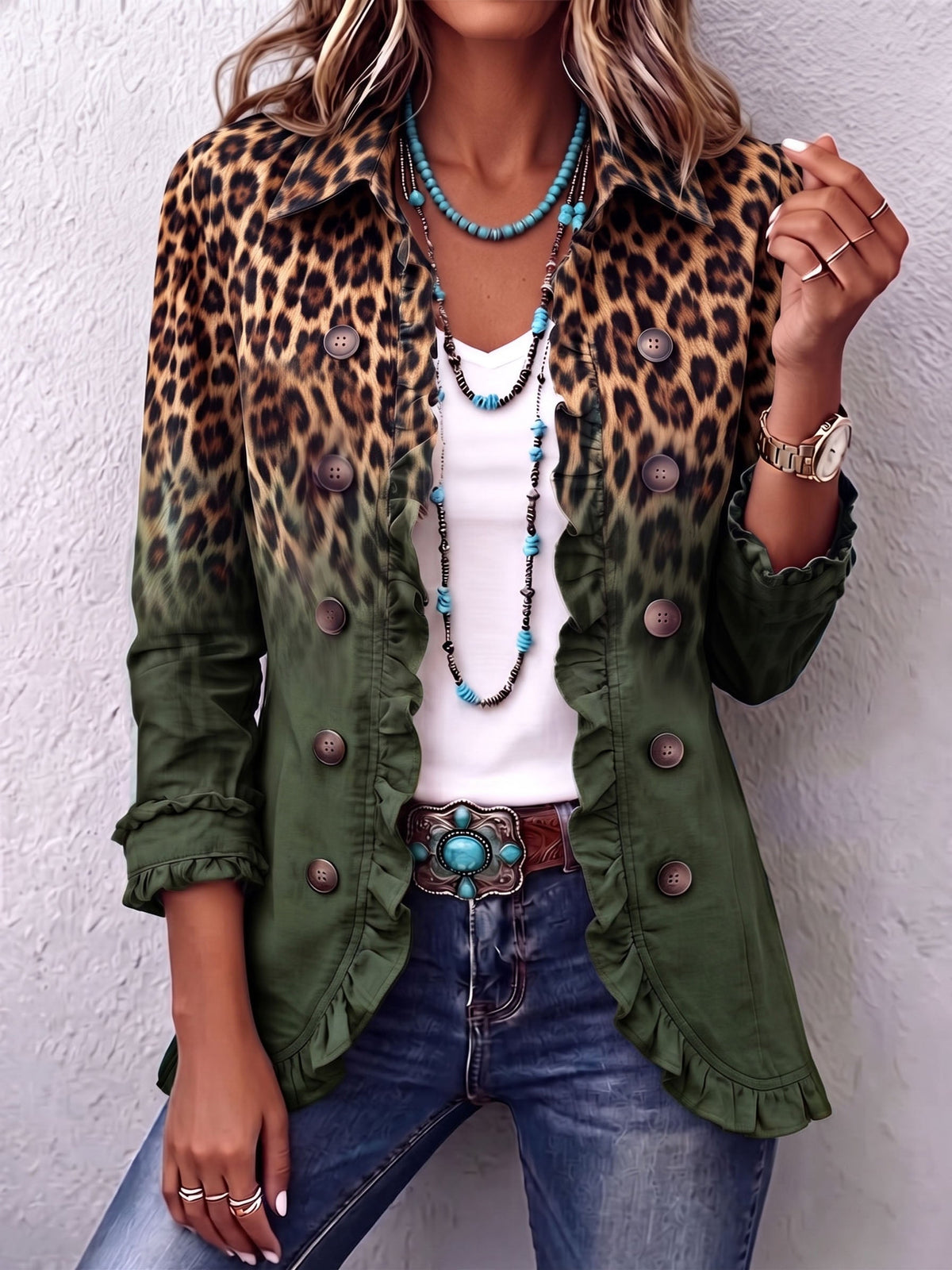 Chaqueta blazer con estampado de leopardo degradado y volantes