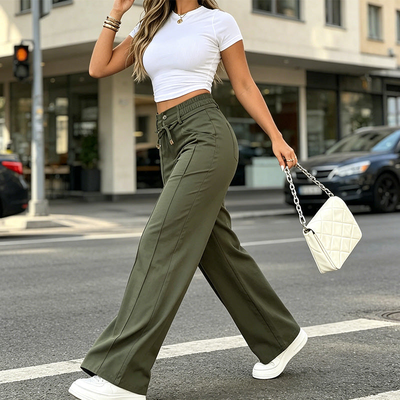 Pantalon taille haute à jambe droite – Couture sur le devant, élastique au dos et coupe flatteuse – Parfait pour un look élégant au quotidien 🌿