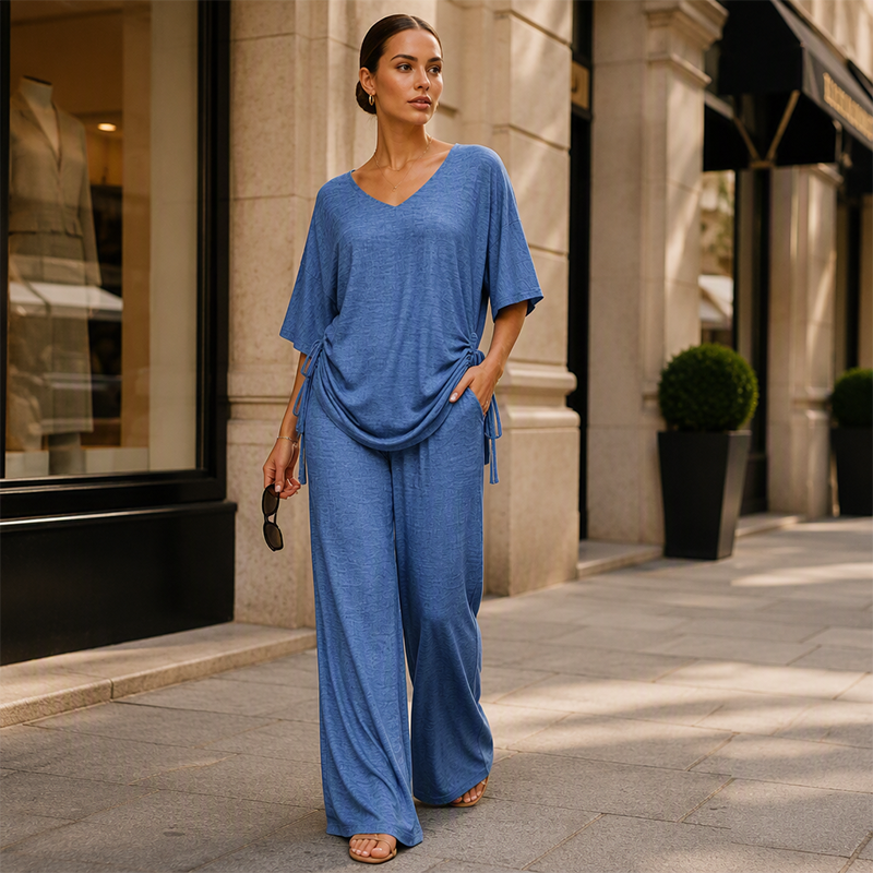 Ensemble décontracté pour femme : haut à col en V et pantalon à jambes larges