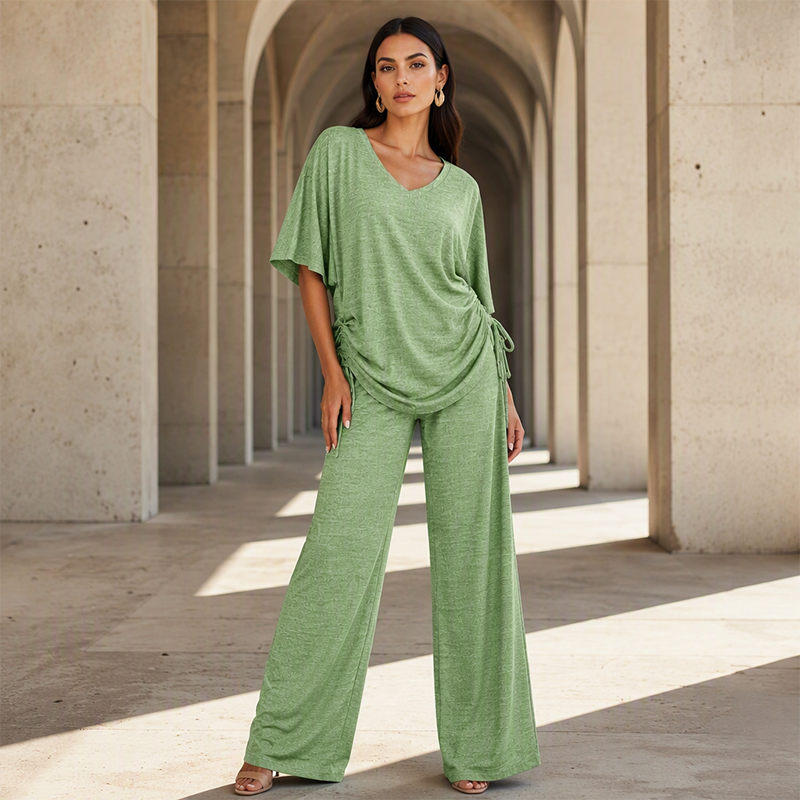 Ensemble décontracté pour femme : haut à col en V et pantalon à jambes larges