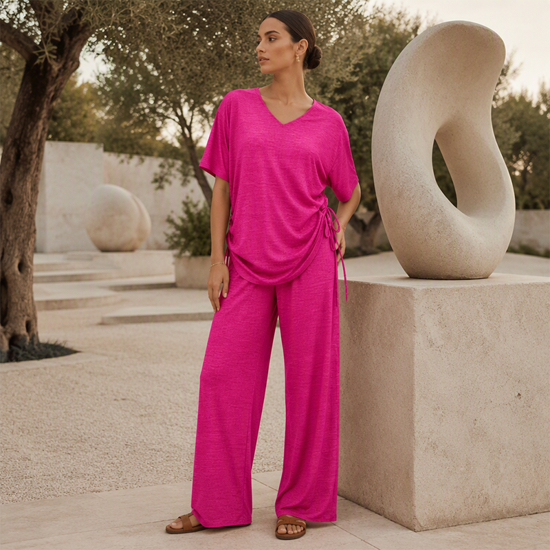 Ensemble décontracté pour femme : haut à col en V et pantalon à jambes larges