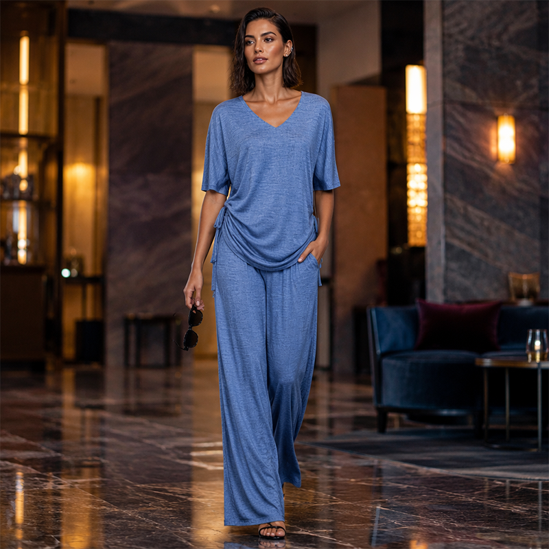 Ensemble décontracté pour femme : haut à col en V et pantalon à jambes larges