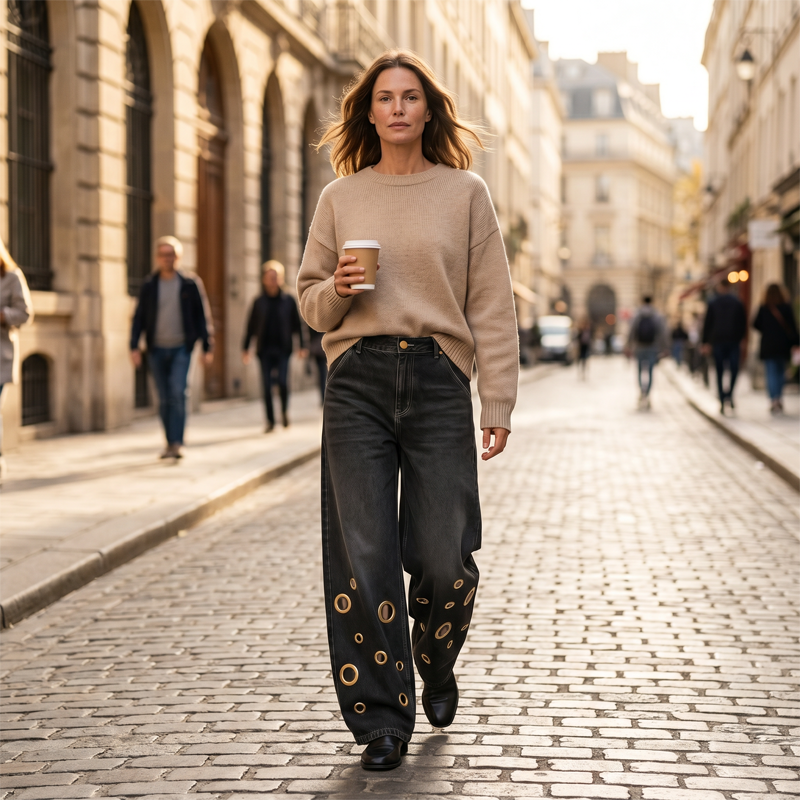 Jean femme coupe ample avec fentes et œillets métalliques